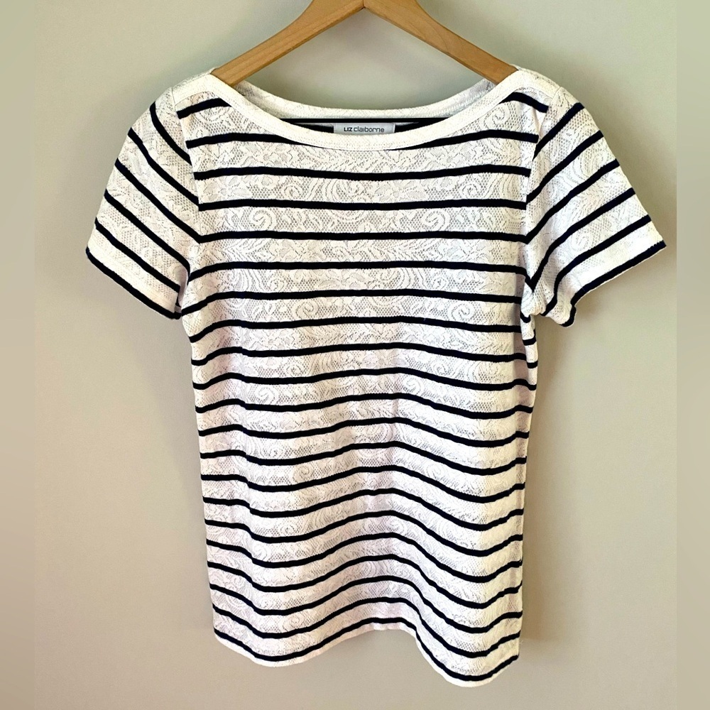 Liz Claiborne Floral Black & White Striped Short Sleeve Top Women’s Size Medium